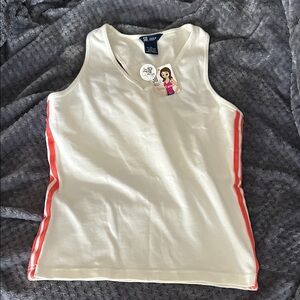 NWT VNeck White Tank Top with coral orange stripes and built in bra